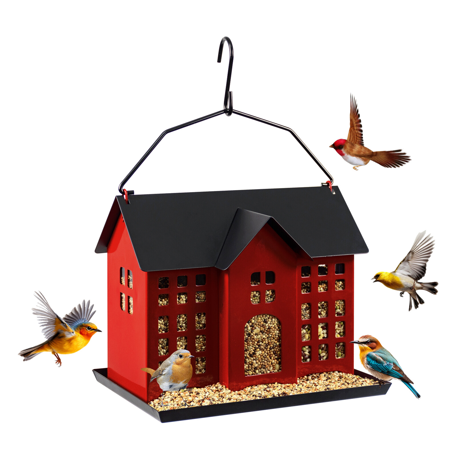 Black and red two-color house bird feeder picture