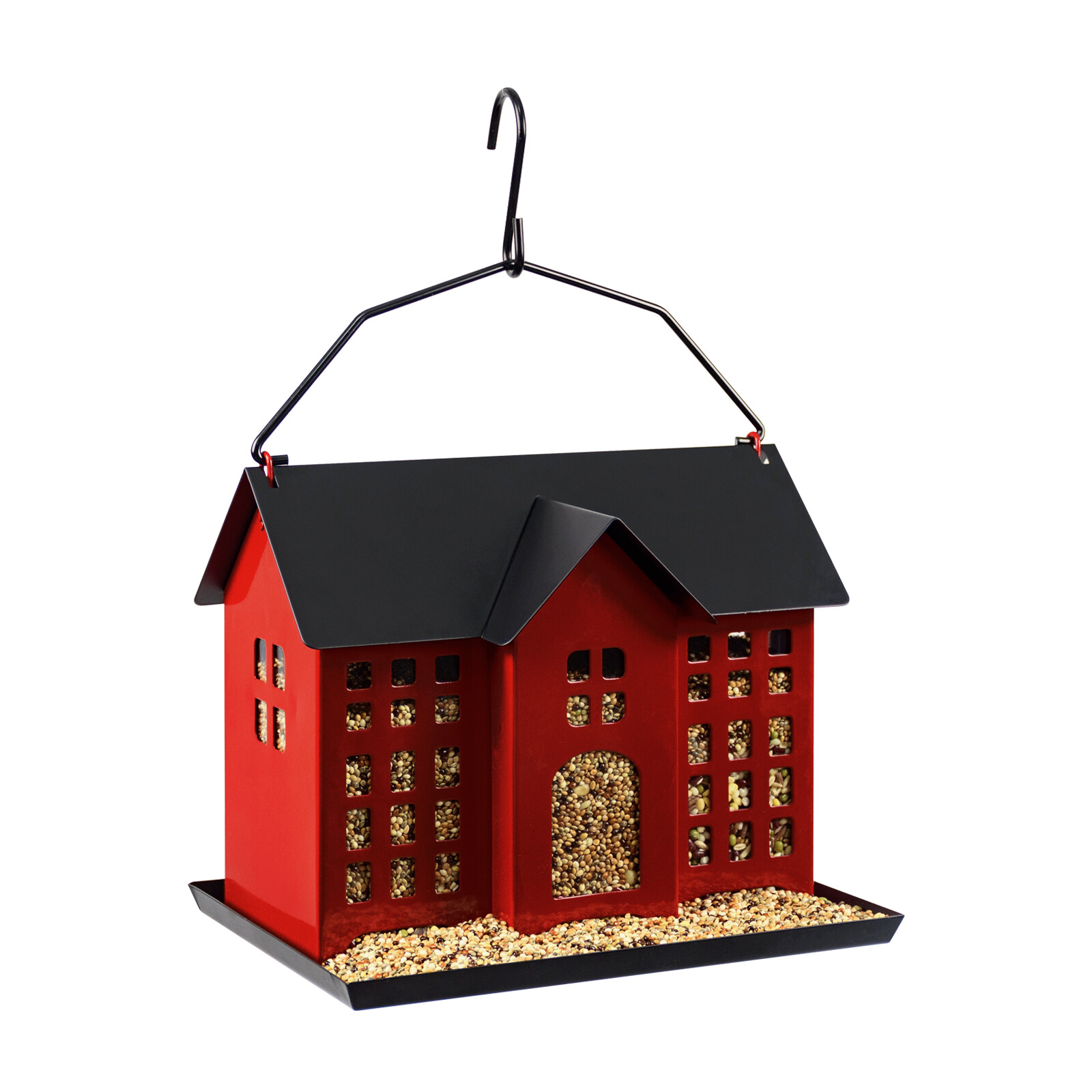Black and red two-color house bird feeder picture