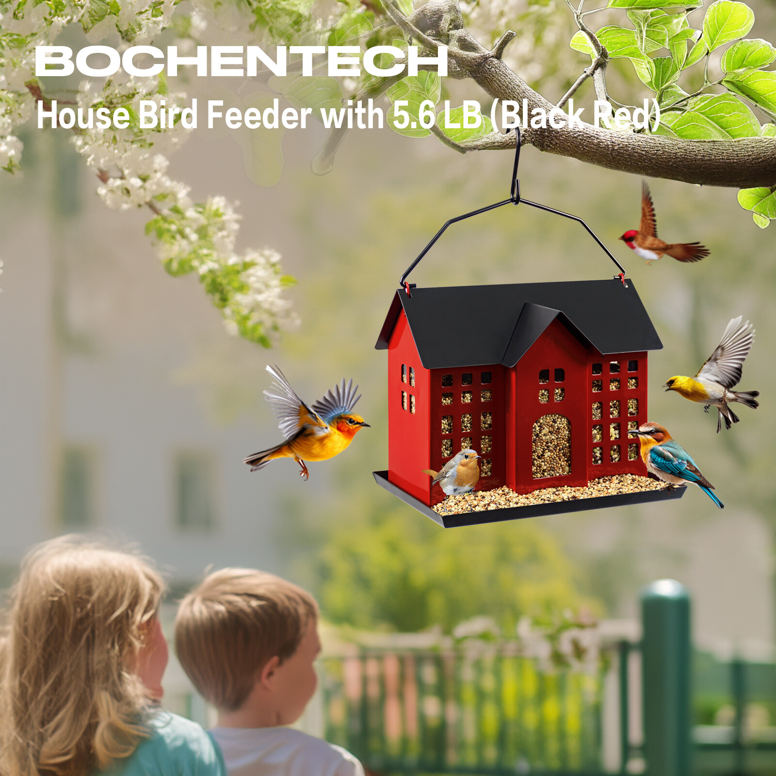 Black and red two-color house bird feeder picture