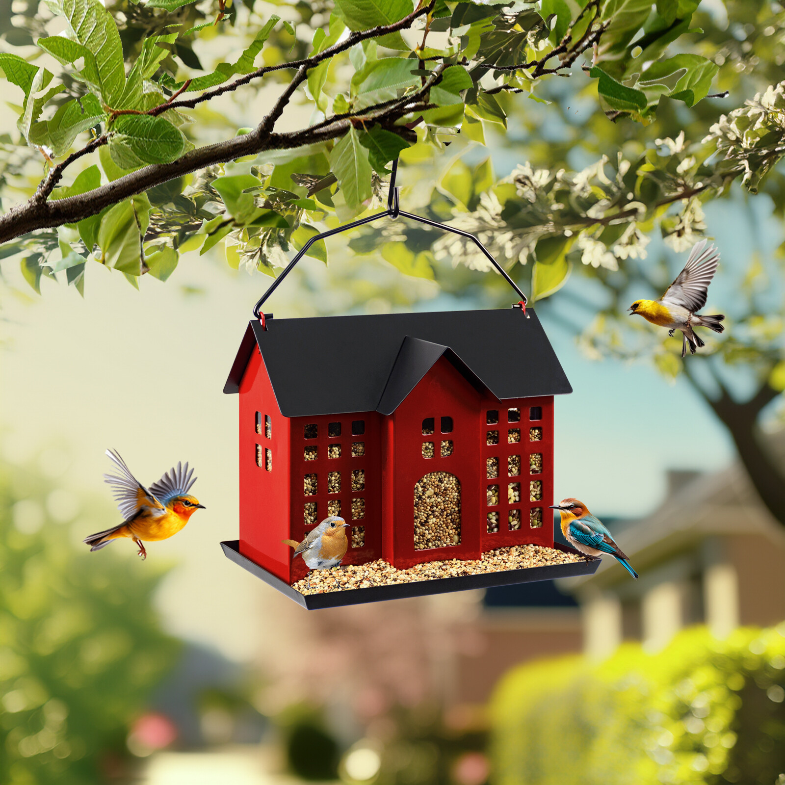 Black and red two-color house bird feeder picture