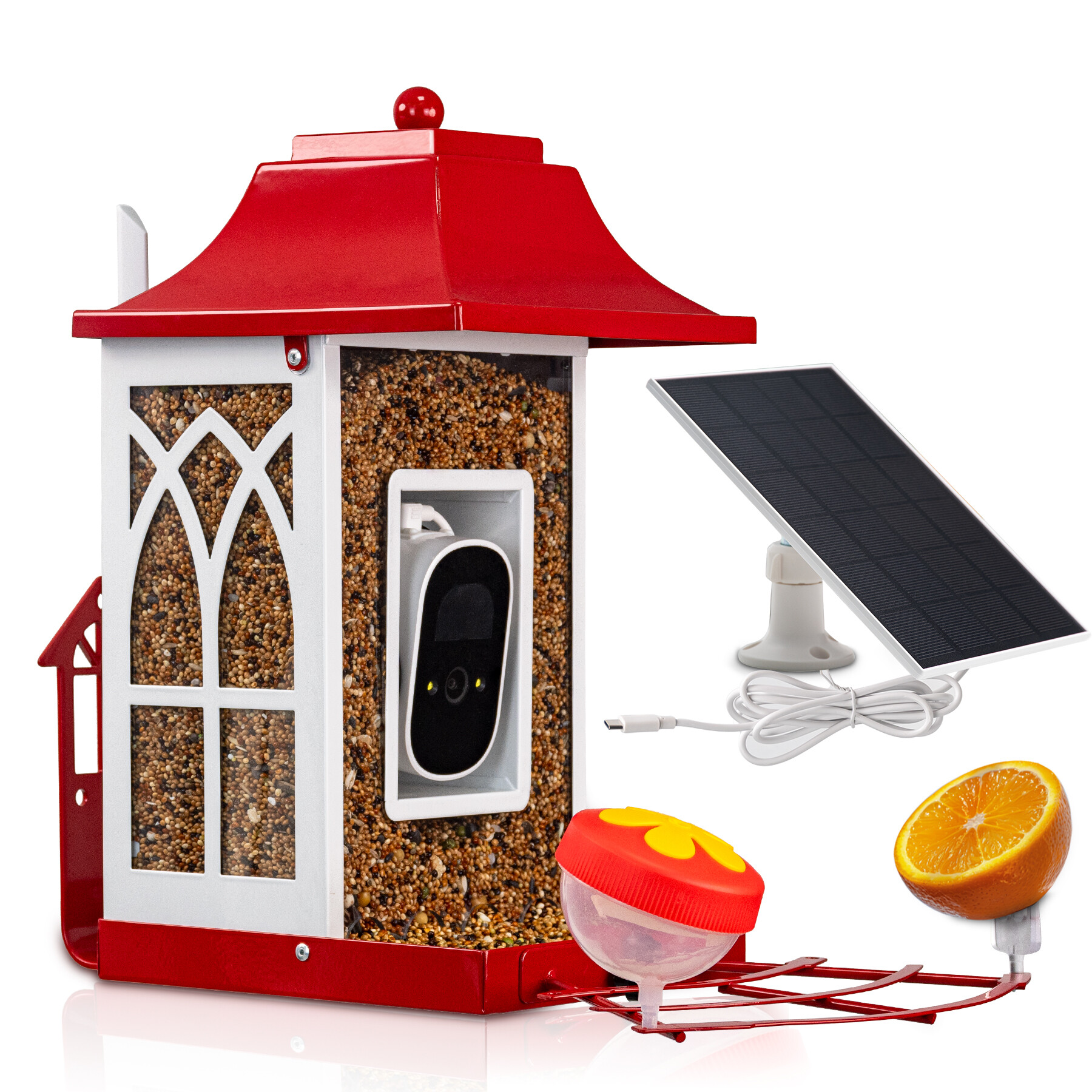 Red smart bird feeder