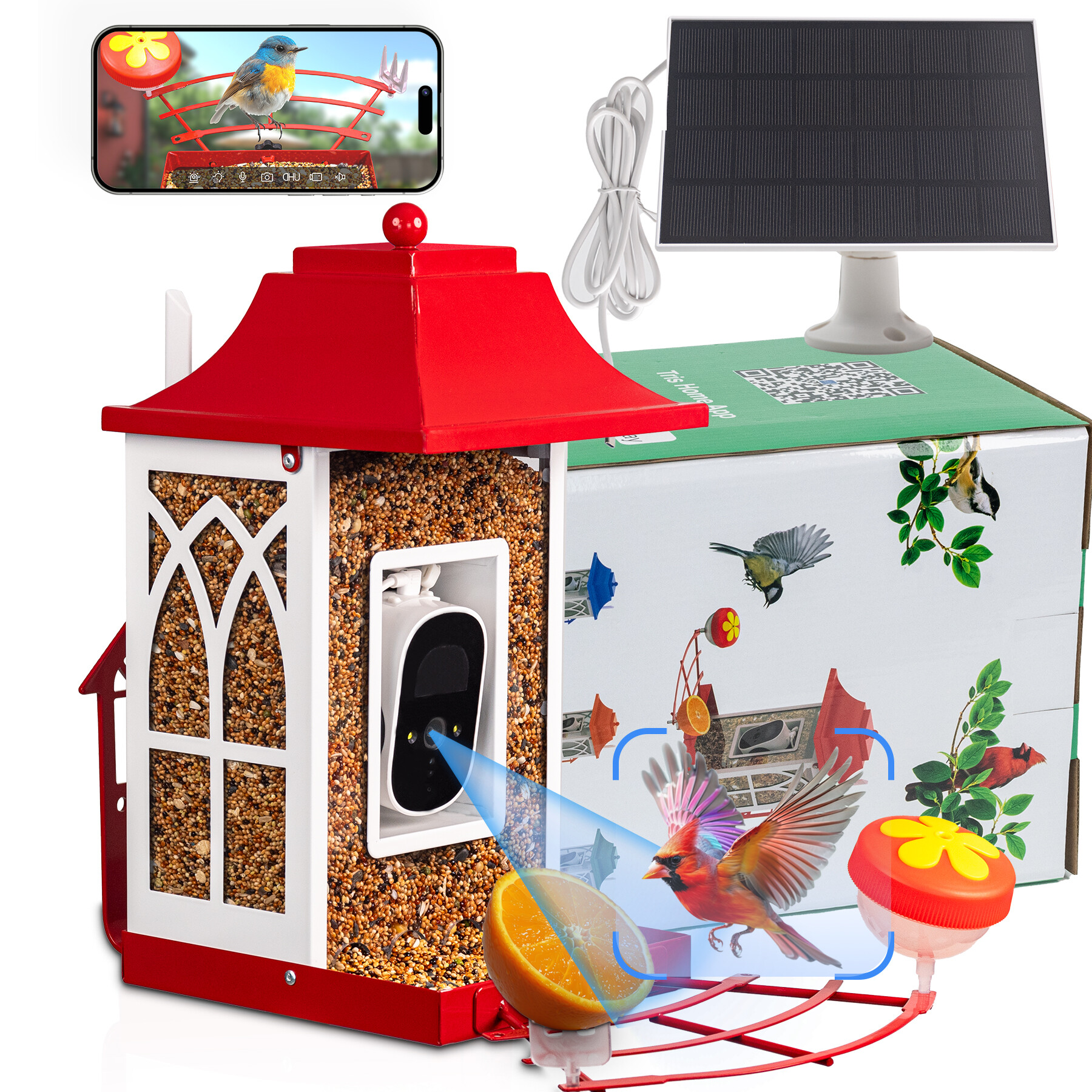 Red smart bird feeder