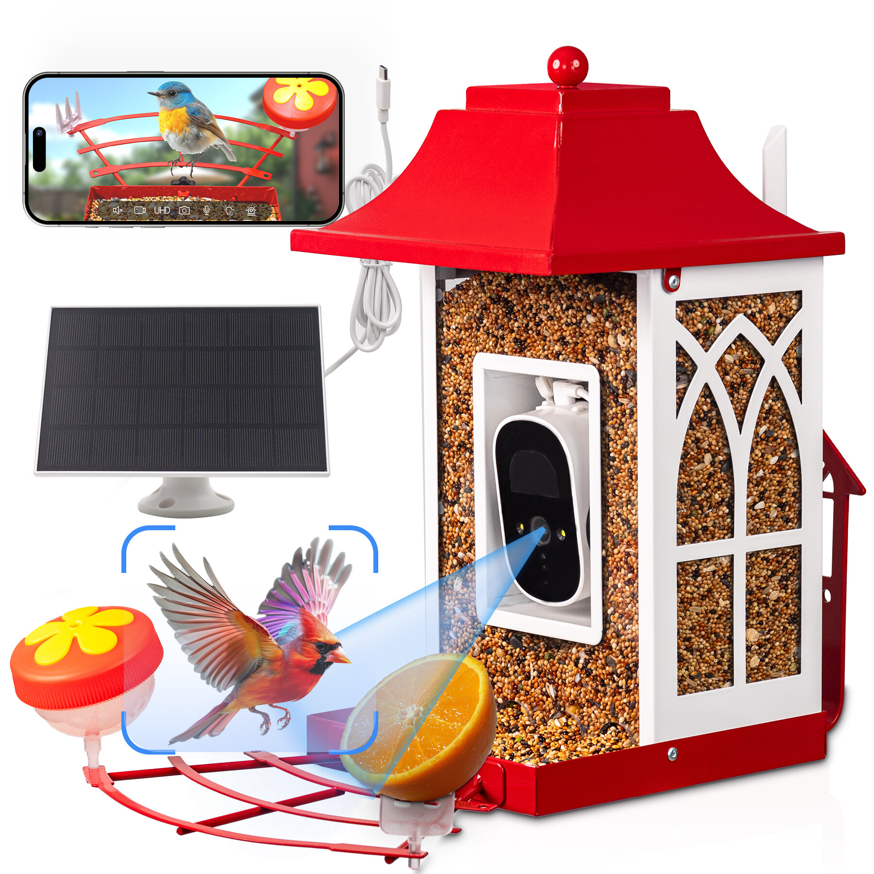 Red smart bird feeder