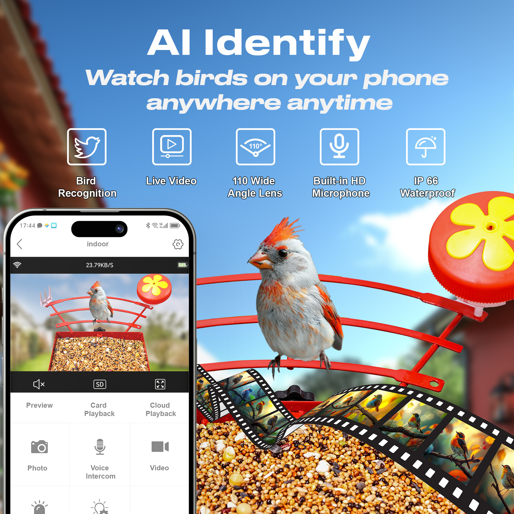 Red smart bird feeder