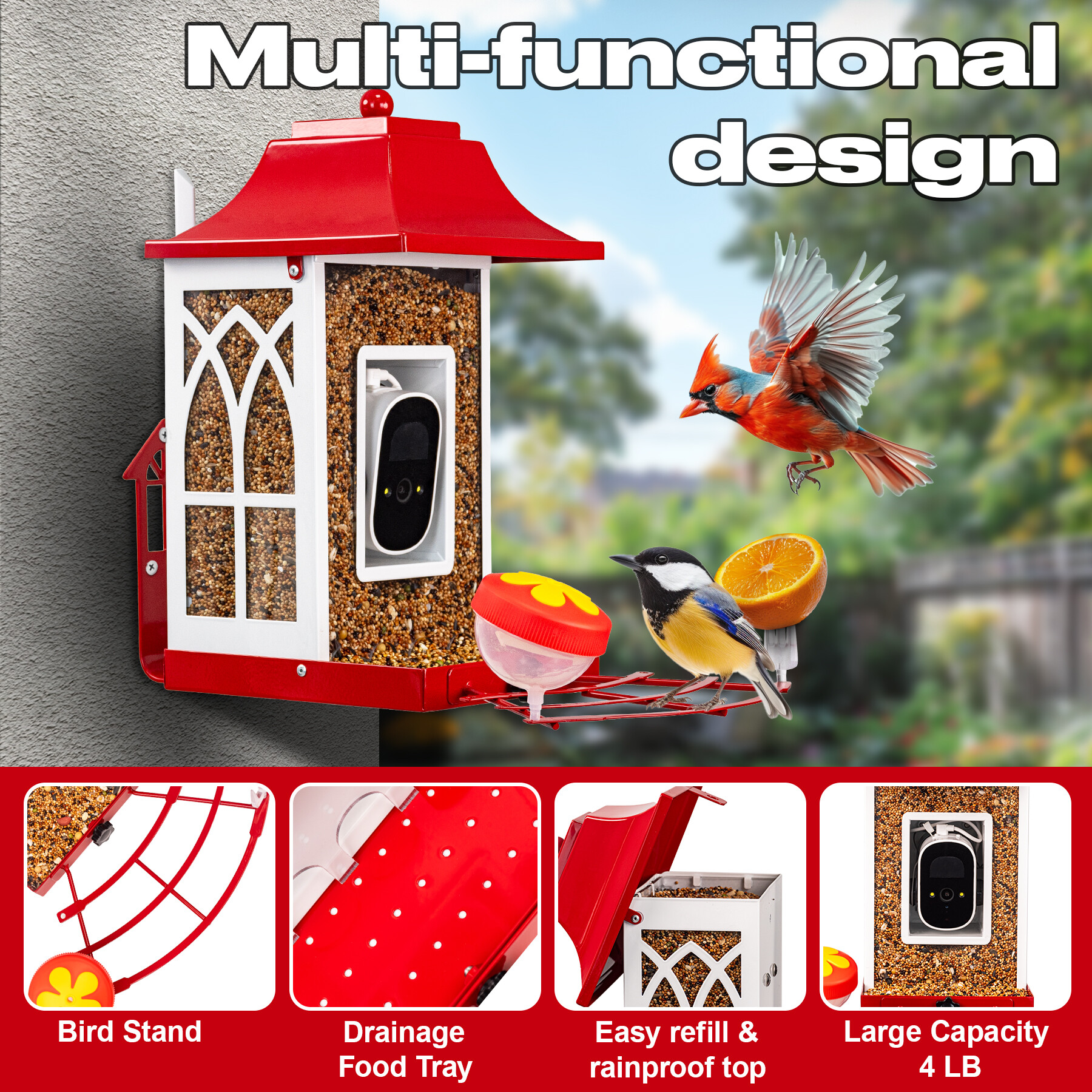 Red smart bird feeder