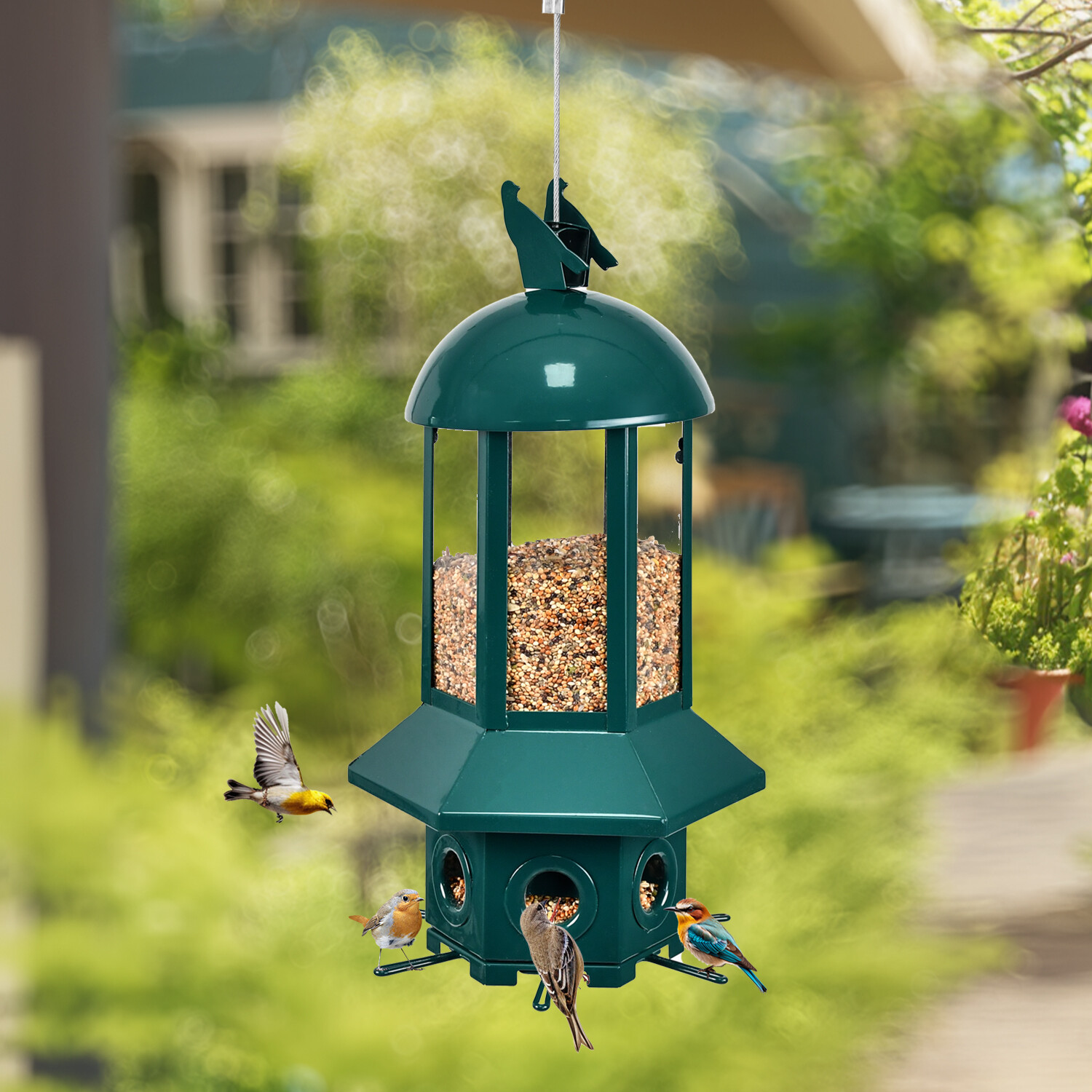 Dark green hexagonal bird feeder
