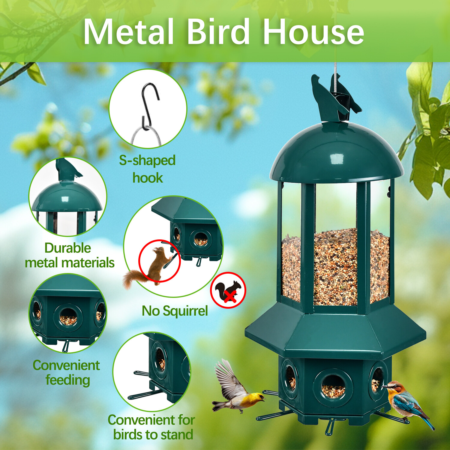 Dark green hexagonal bird feeder