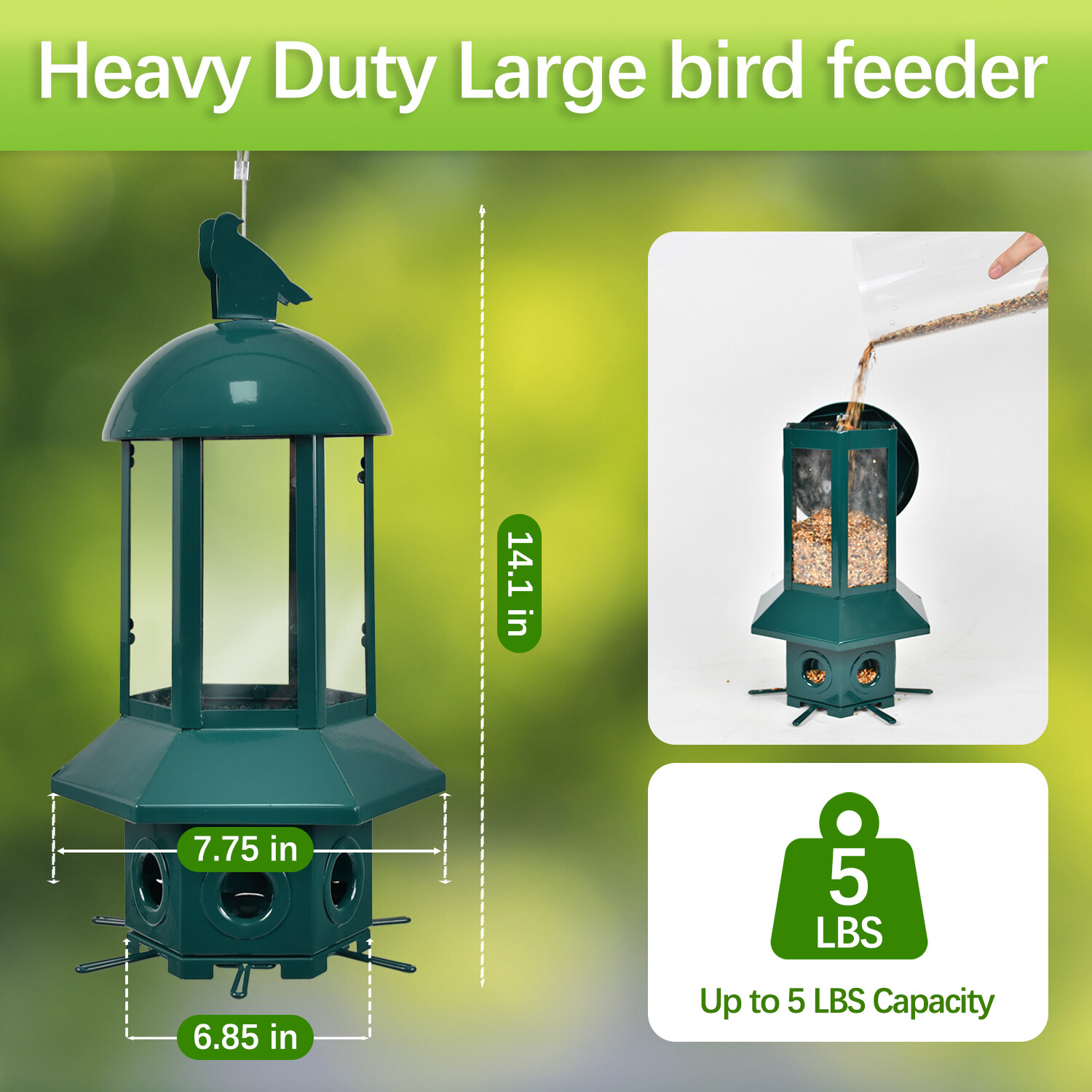 Dark green hexagonal bird feeder