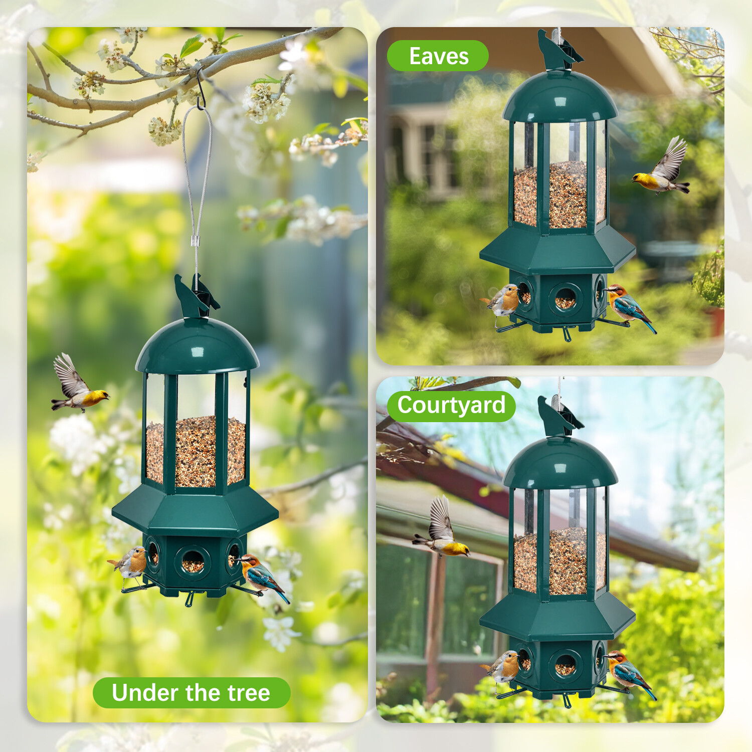 Dark green hexagonal bird feeder