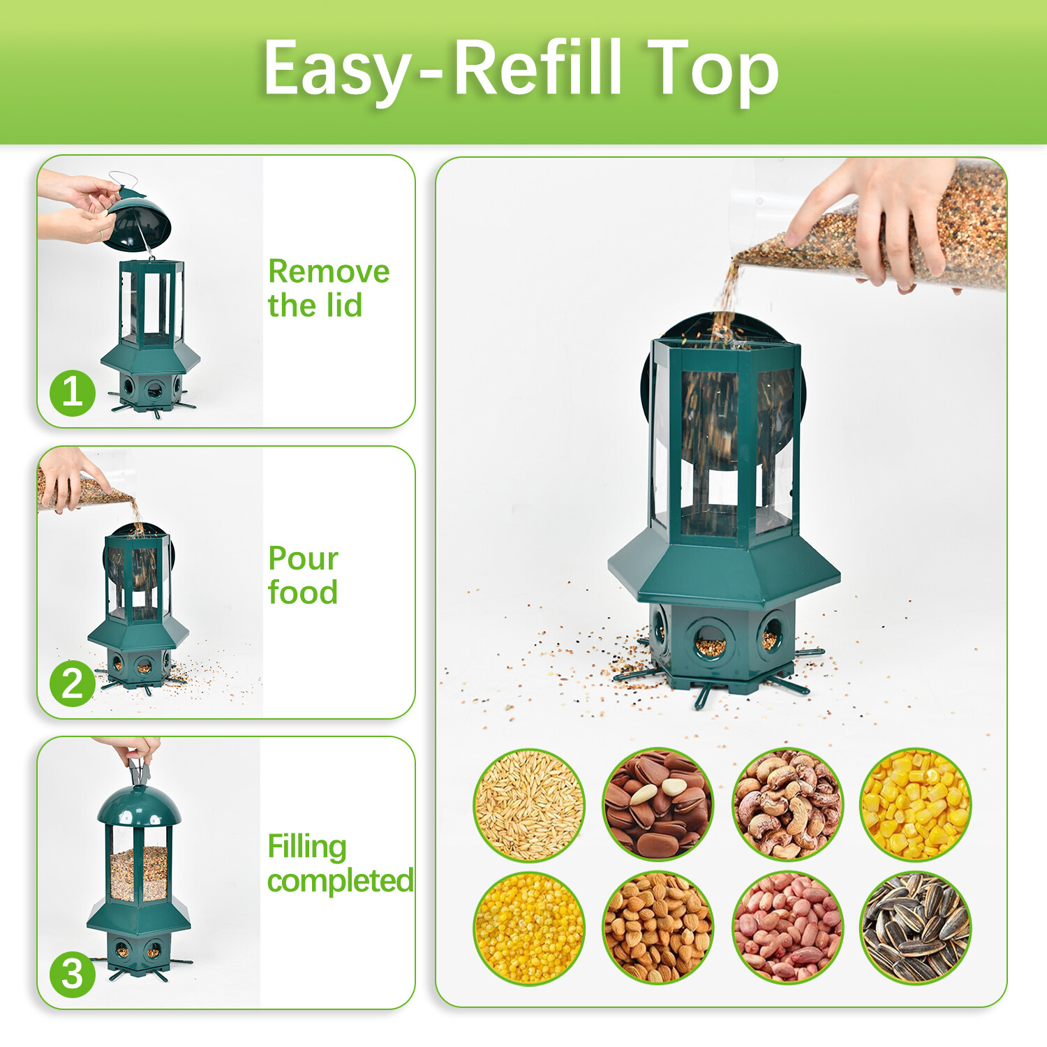 Dark green hexagonal bird feeder