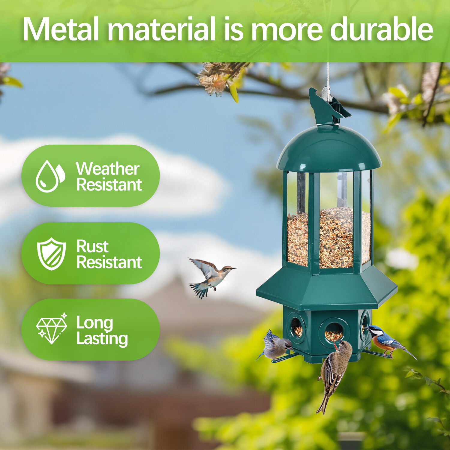 Dark green hexagonal bird feeder