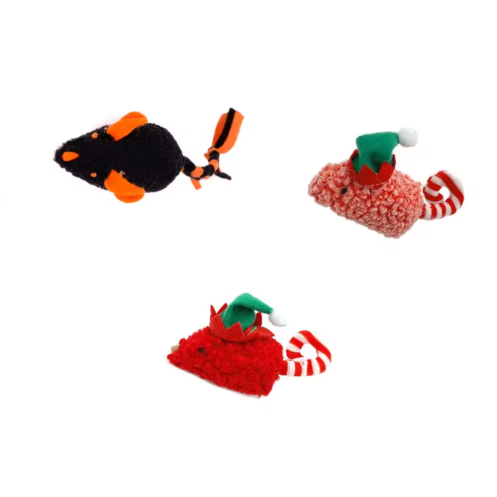Wholesale Christmas Pet Products Soft Black Mice Shape Organic Squeak Catnip Plush Cat Toys