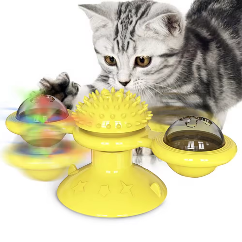 Hot Sale Interactive LED Ball Turntable Hair Brush Teasing Windmill Cat Toy With Catnip
