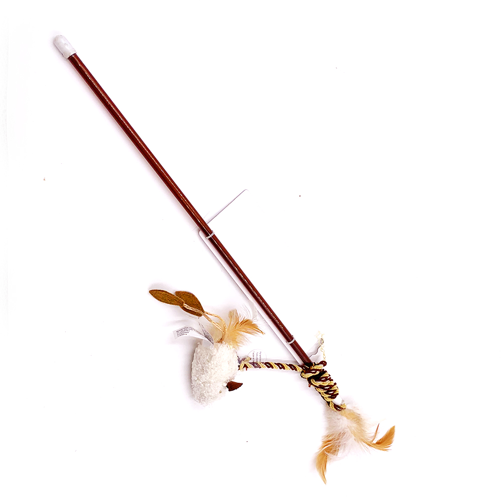 ECO Funny Plush Mouse Wood Teaser Wand Interactive Cat Toy with Feathers