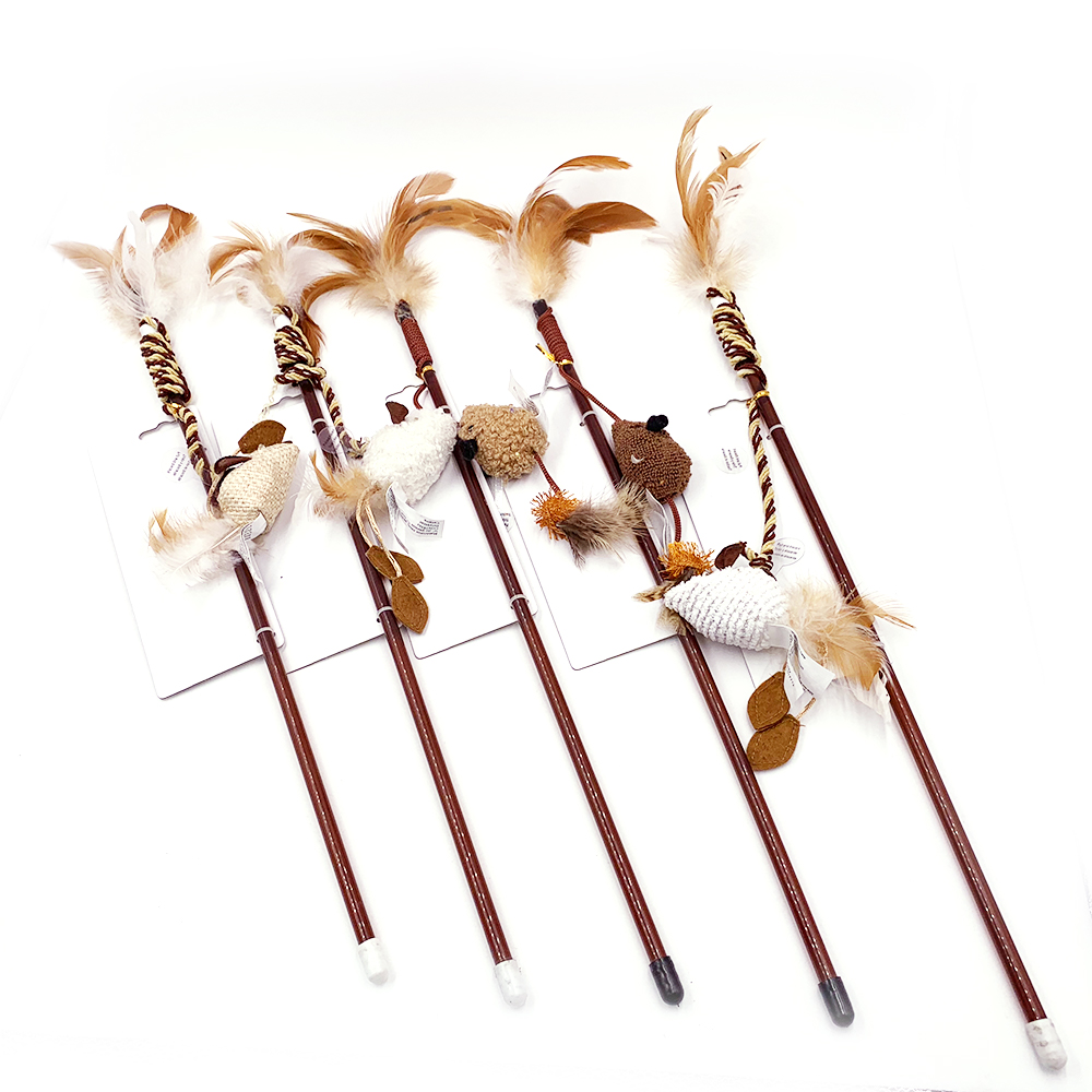 ECO Funny Plush Mouse Wood Teaser Wand Interactive Cat Toy with Feathers