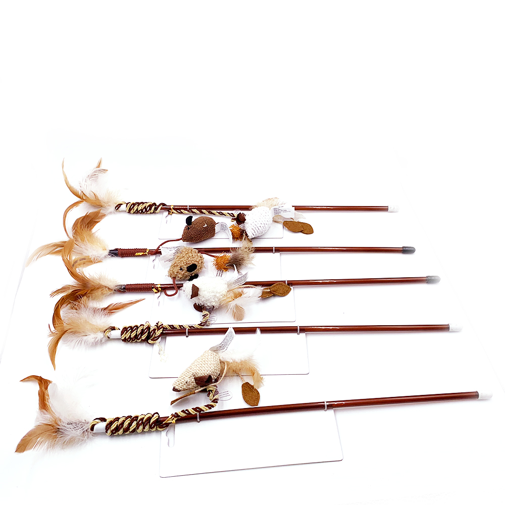 ECO Funny Plush Mouse Wood Teaser Wand Interactive Cat Toy with Feathers