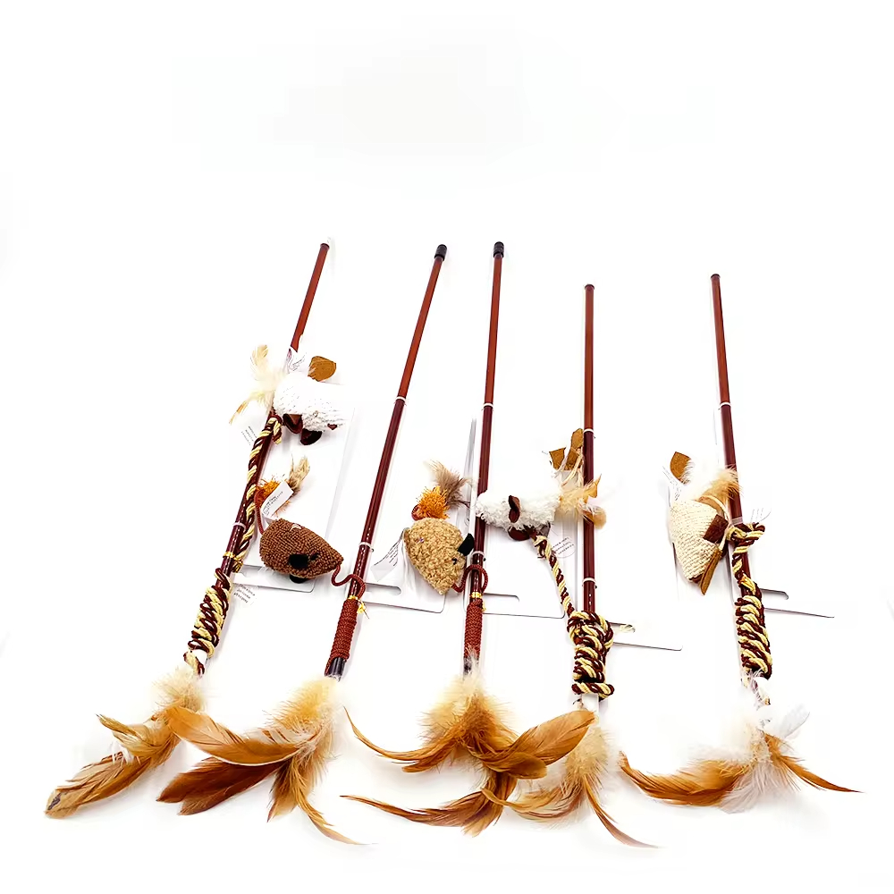 ECO Funny Plush Mouse Wood Teaser Wand Interactive Cat Toy with Feathers