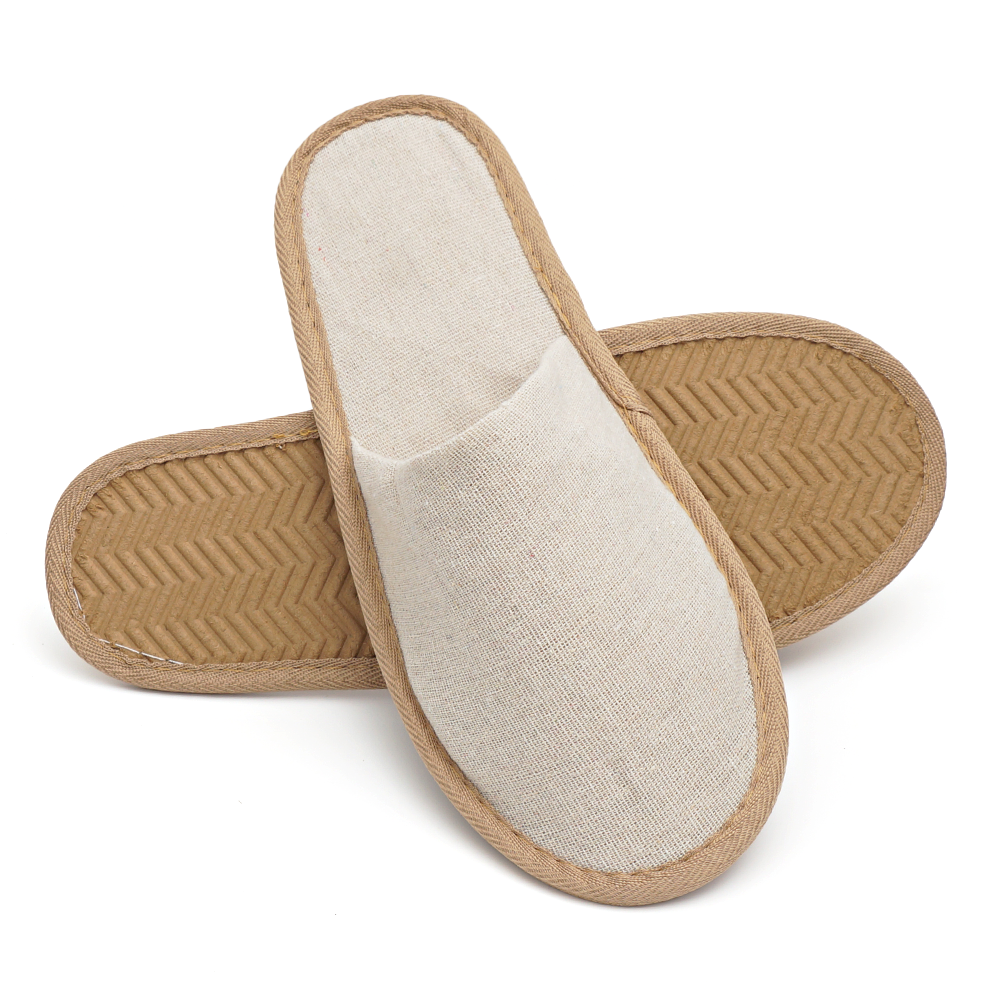 Custom Eco Friendly Wheat Straw Starch Beige Fine Canvas Closed Toe Guest Disposable Hotel Slippers