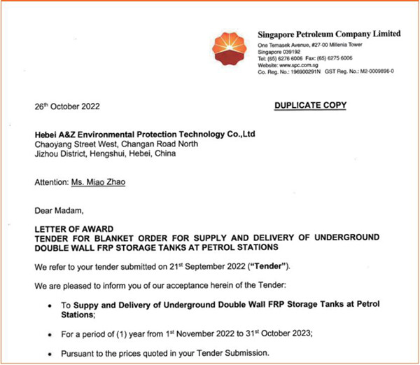 A&Z a remporté l'appel d'offres pour les réservoirs à double paroi organisé par PetroChina Singapore Bid items.
