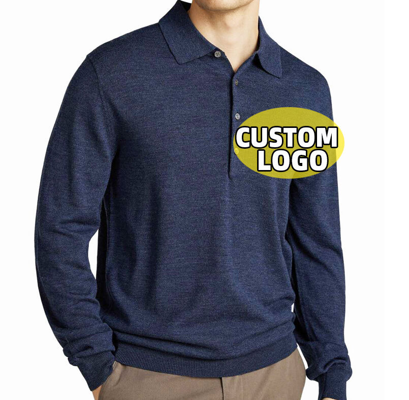 2024 Embroidered Logo 100% Merino Wool Knit Polo Sweater Plus Size Men's Long Sleeve Polo T-Shirts