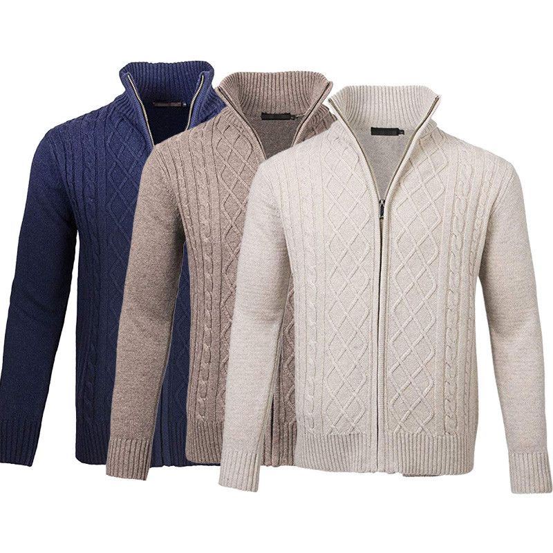 Custom Wholesale Winter Men Designer Sweater Long Sleeve Stand Collar Wool Knitted Zipper Cardigan Sweater Men