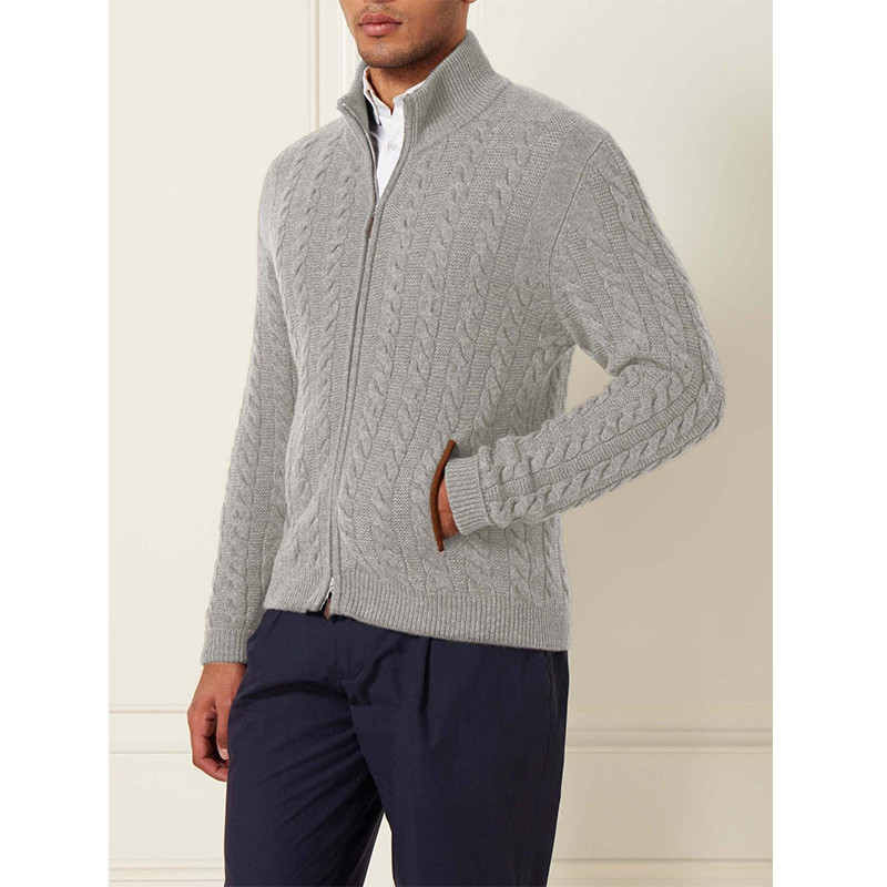 Cozy Cowl Mock Neck Zipper Custom Woven Jacquard Fleece Men Knitwear Cardigan Sweater