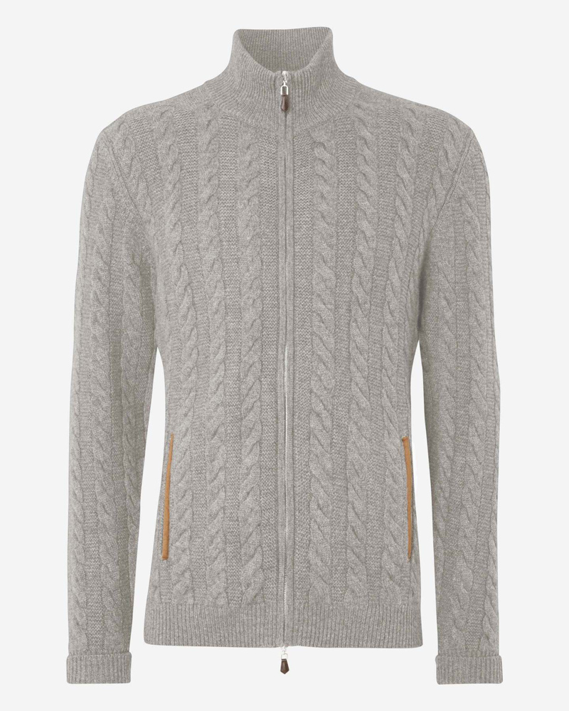 Cozy Cowl Mock Neck Zipper Custom Woven Jacquard Fleece Men Knitwear Cardigan Sweater