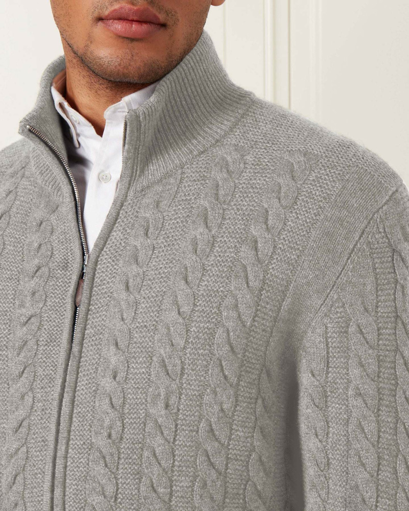 Cozy Cowl Mock Neck Zipper Custom Woven Jacquard Fleece Men Knitwear Cardigan Sweater