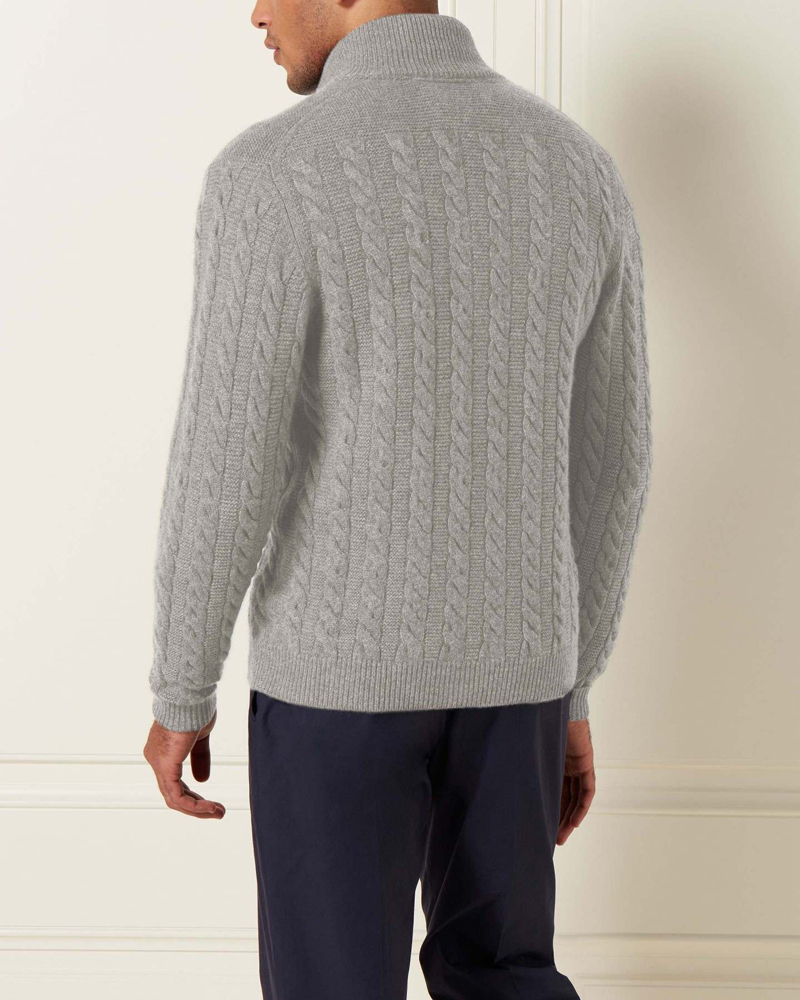 Cozy Cowl Mock Neck Zipper Custom Woven Jacquard Fleece Men Knitwear Cardigan Sweater