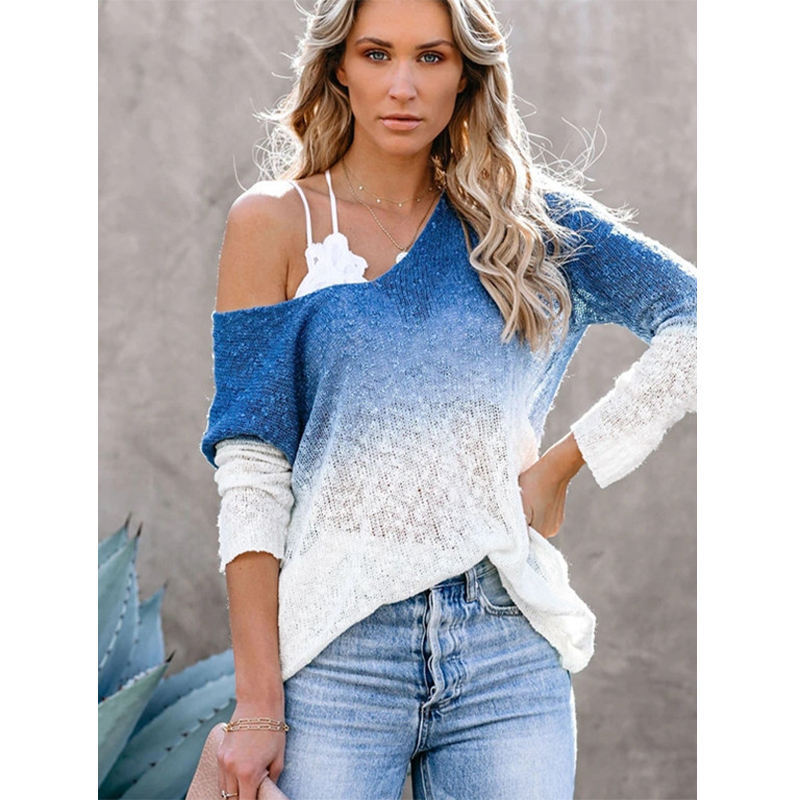 Pastel Waterfall Blue Gradient Acrylic Women'S Sexy Cold Open Off Shoulder Sweater Pastel Waterfall Blue Gradient Acrylic Women'S Sexy Cold Open Off Shoulder Sweater