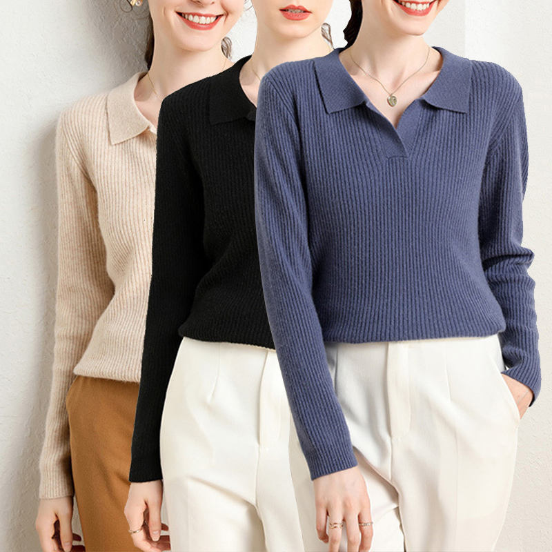 Loose Polo Collar Solid Color Fashion Pullover Women Knit Top V-neck Cashmere Sweater Loose Polo Collar Solid Color Fashion Pullover Women Knit Top V-neck Cashmere Sweater
