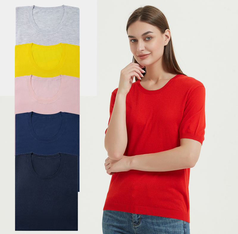 2024 Custom/Wholesale Summer Women's Solid Color Short Sleeve Knit T Shirts for Women