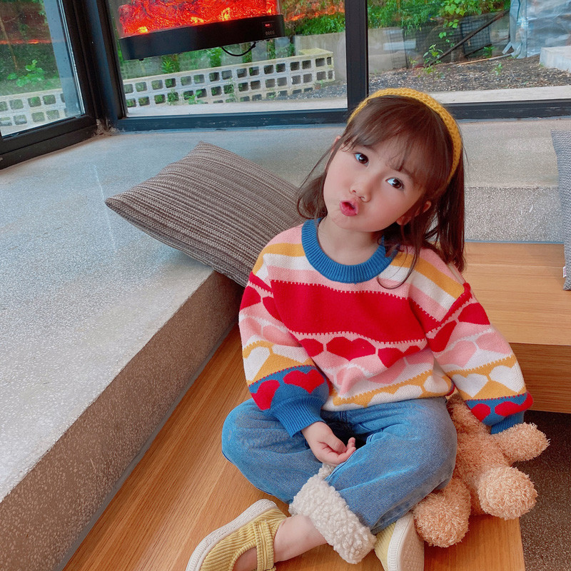 Round Neck Love Puff Sleeves Cotton Baby Hand Knit Ribbed Sweaters For Kids