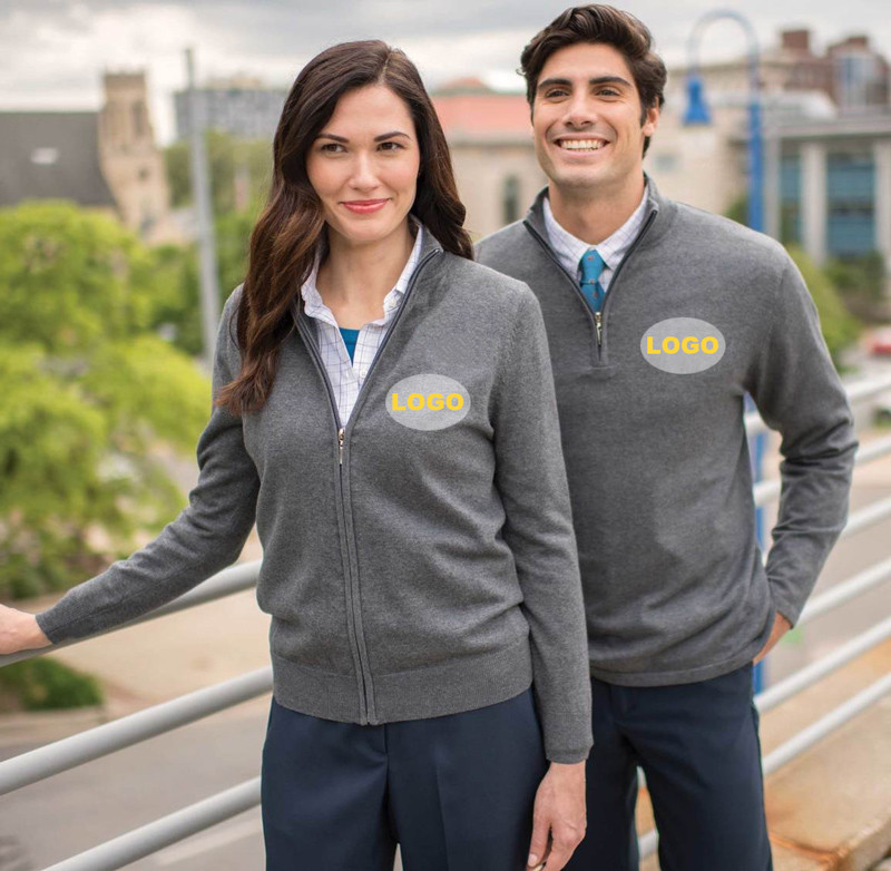 Custom Logo Office Employee Uniform Sweater Solid Color Knitted Oversized Mens' Quarter Zip up Pullover Uniform Sweater