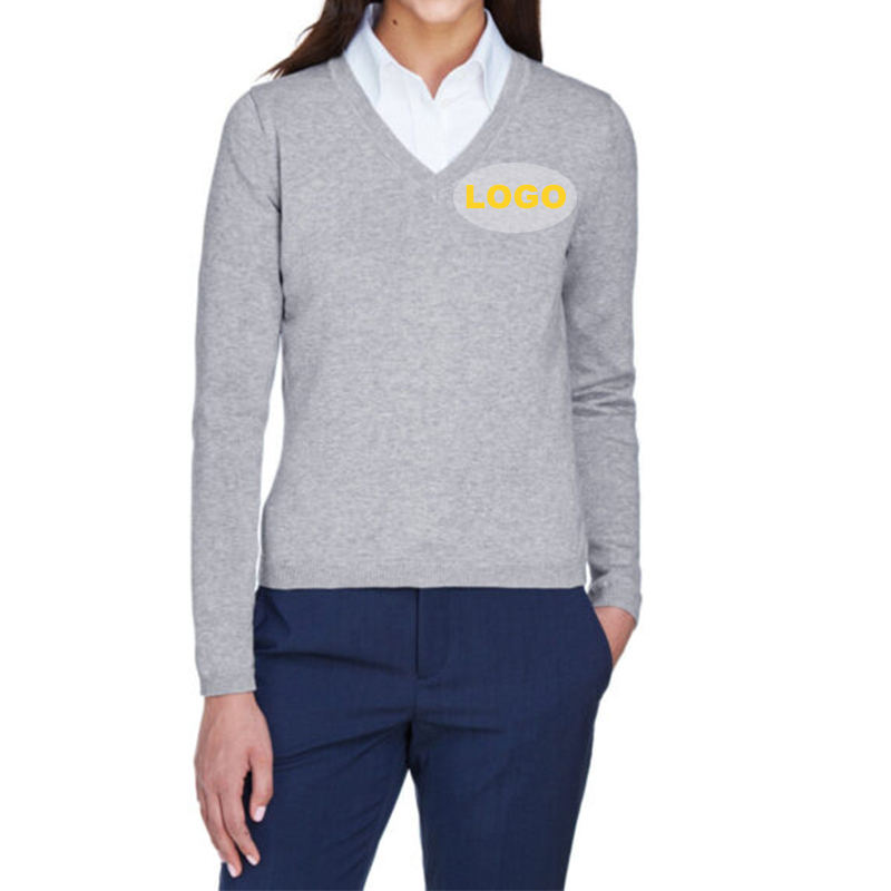 New Design Ladies' Business Wear Autumn 100% Cotton V-Neck Knitted Women Oversized Employee Uniform Sweater With Custom Logo