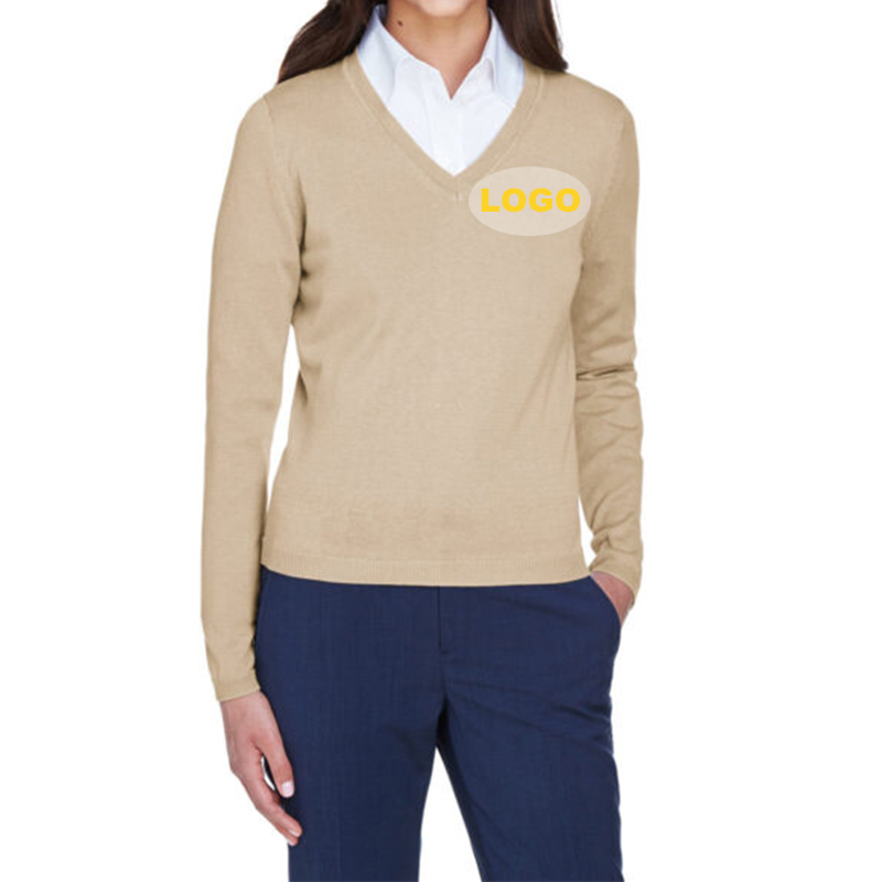 New Design Ladies' Business Wear Autumn 100% Cotton V-Neck Knitted Women Oversized Employee Uniform Sweater With Custom Logo