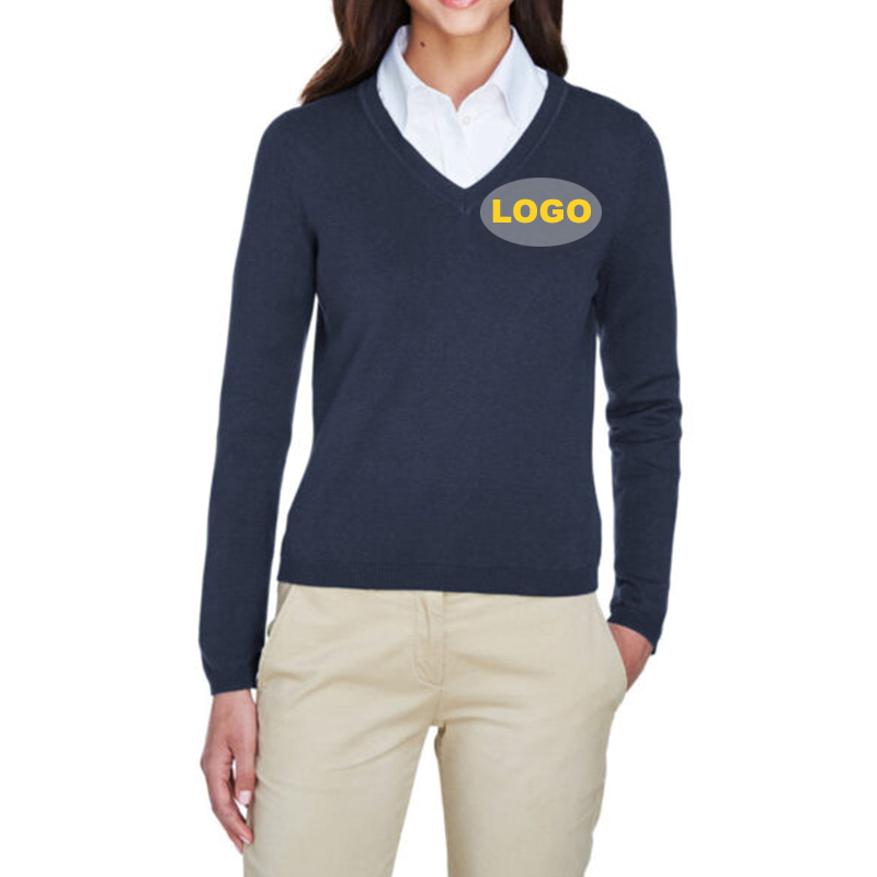 New Design Ladies' Business Wear Autumn 100% Cotton V-Neck Knitted Women Oversized Employee Uniform Sweater With Custom Logo