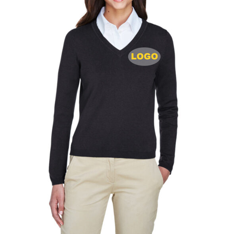 New Design Ladies' Business Wear Autumn 100% Cotton V-Neck Knitted Women Oversized Employee Uniform Sweater With Custom Logo