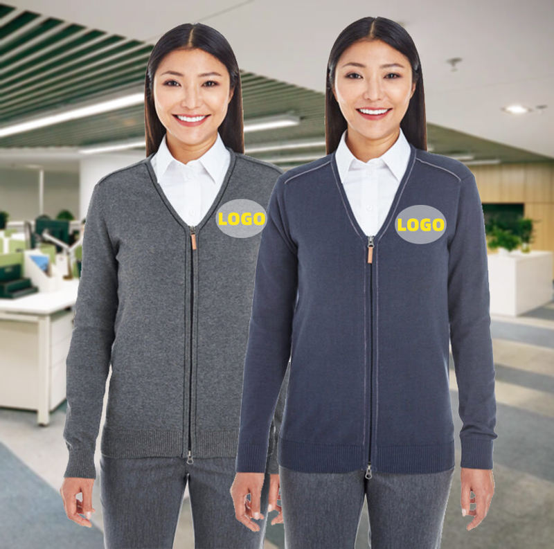 New Office Lady Employee Uniform Sweater Solid Color Knitted Women Zip up Uniform Sweater Cardigan Custom Logo