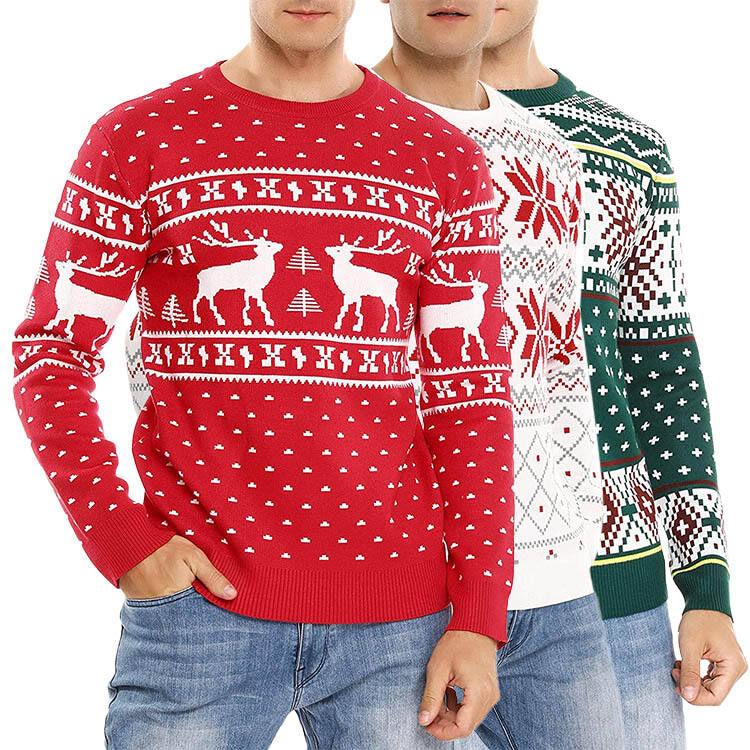 Winter Xmas Reindeer Jumper Acrylic Polyester Ugly Knitted Custom Jacquard Christmas Sweater For Men