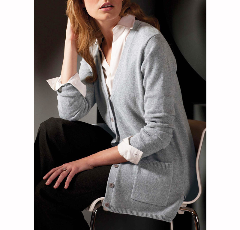 Custom Fashion Ladies' Office Employee Sweater Women V-Neck Long Uniform Sweater Cardigan with Pocket