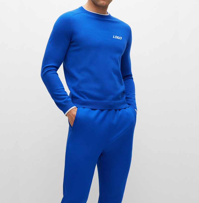 2024 Top Grade Men Luxury Royal Blue Sportswear Custom Logo Cashmere Knitted Warm Sport Sweater