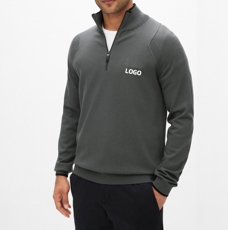 2024 New Design Quarter Zipper Dark Gray Sportswear Custom LOGO Men's Knitted Polo Neck Wool Sport Sweater