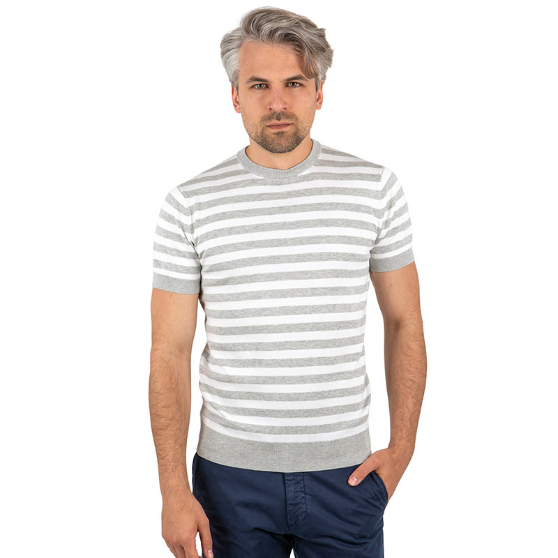 China Factory Custom 2024 Fashion Casual Striped Short Sleeve Knitted O-Neck Silk/Cotton T Shirt for Men China Factory Custom 2024 Fashion Casual Striped Short Sleeve Knitted O-Neck Silk/Cotton T Shirt for Men