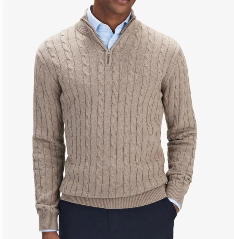 2024 New Design Cable Knit Sweater Men Cotton Rib Clothing Sweater Half Zipper Custom Winter Plus Size Knit Sweaters for Men