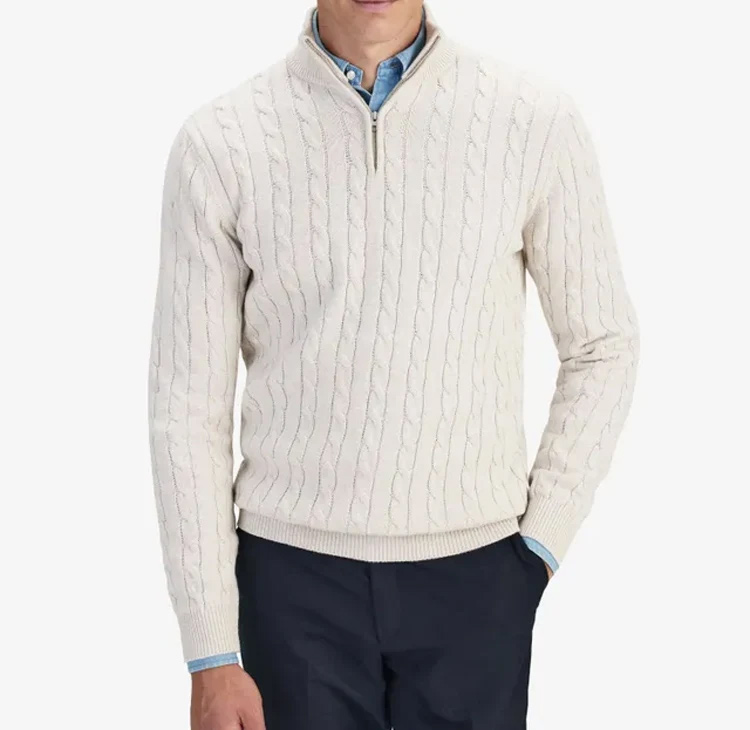 2024 New Design Cable Knit Sweater Men Cotton Rib Clothing Sweater Half Zipper Custom Winter Plus Size Knit Sweaters for Men