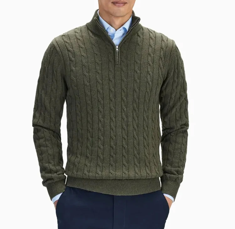 2024 New Design Cable Knit Sweater Men Cotton Rib Clothing Sweater Half Zipper Custom Winter Plus Size Knit Sweaters for Men