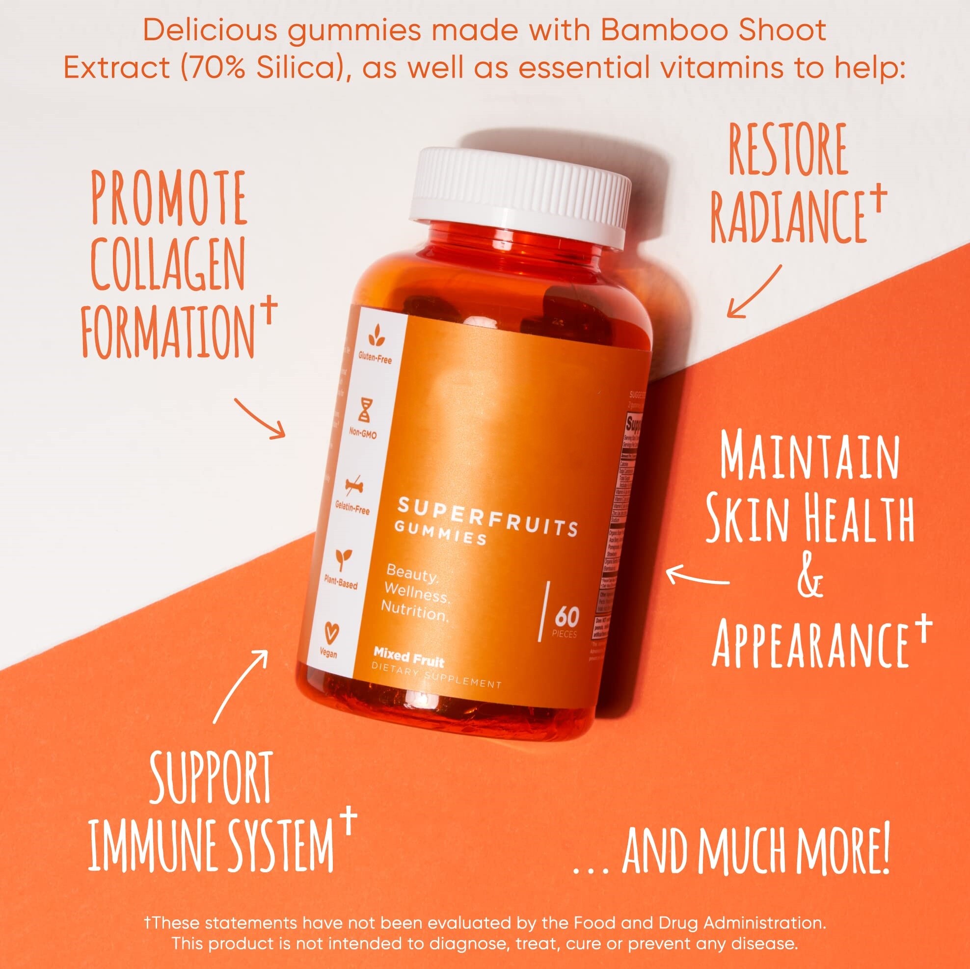 Nutritional Supplement, SuperFruits Beauty Gummy Vitamin - 60 Count - Collagen-Promoting Ingredients - Mixed Fruit, Vegan, Plant-Based, Non-GMO, Gluten-Free & Gelatin Free