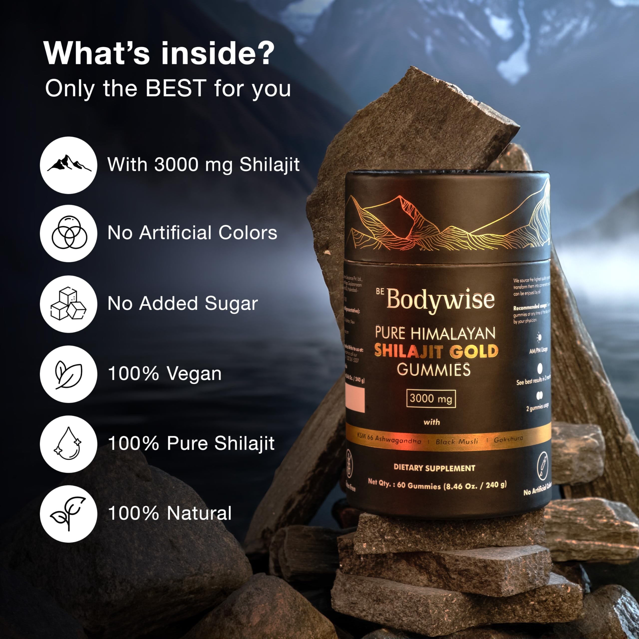 Pure Himalayan Shilajit Gummies Gold I Lab Tested I No Added Sugar I Ashwagandha, Gokshura| Fulvic Acid & 85+ Trace Minerals I for Men, Women I Non-GMO I 100% Natural & Organic