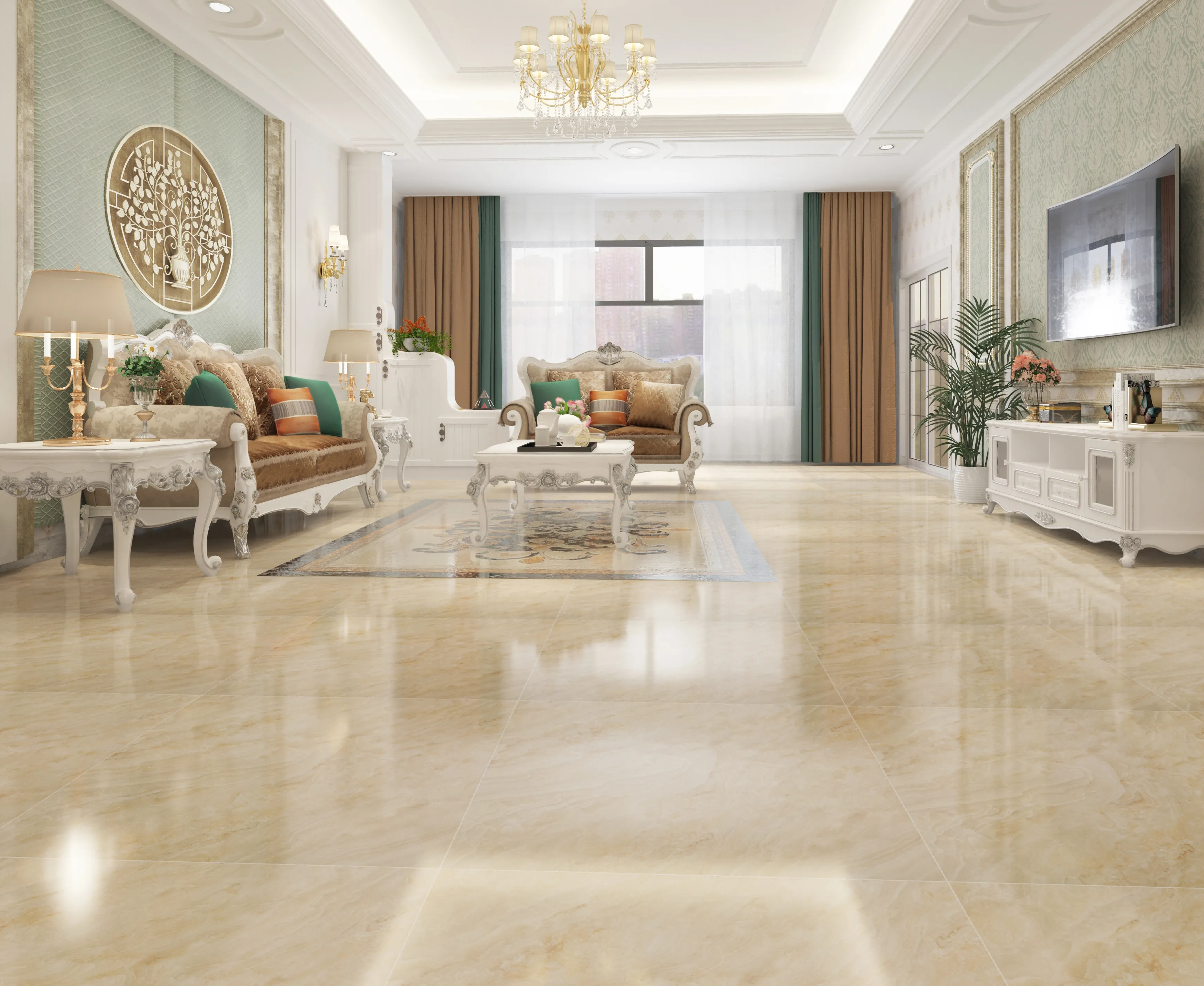 Glazed polished porcelain tiles
